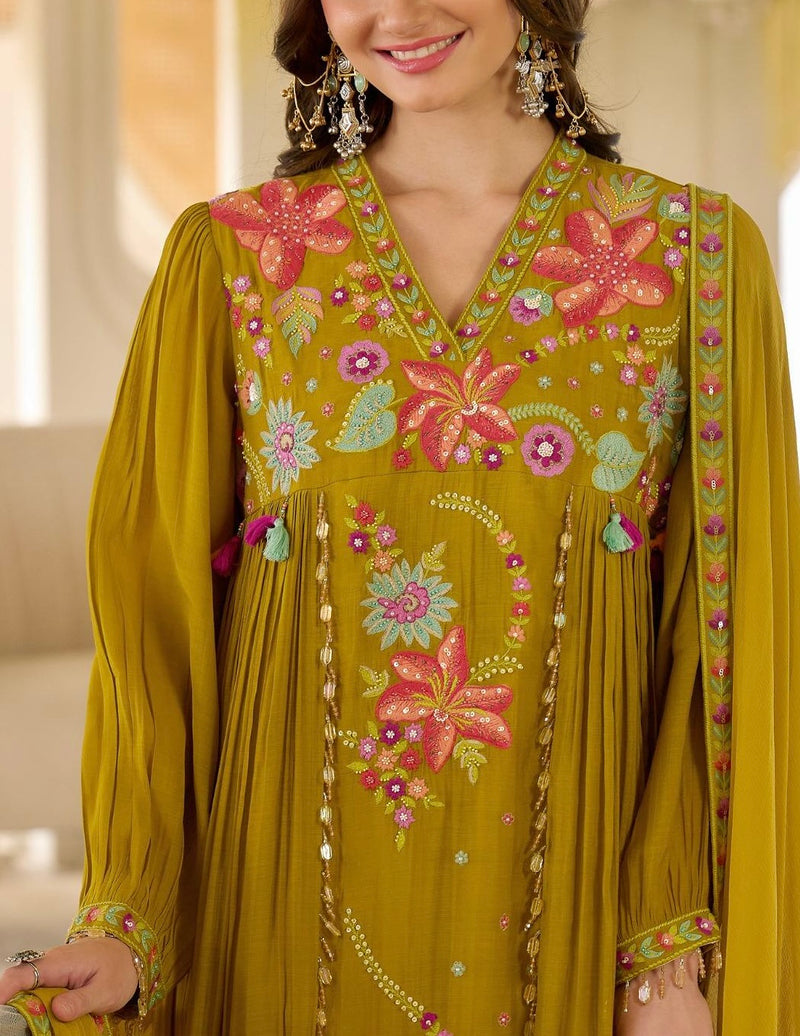 Noor-e-Gul Mustard Threadwork A Line Mul Chanderi Suit