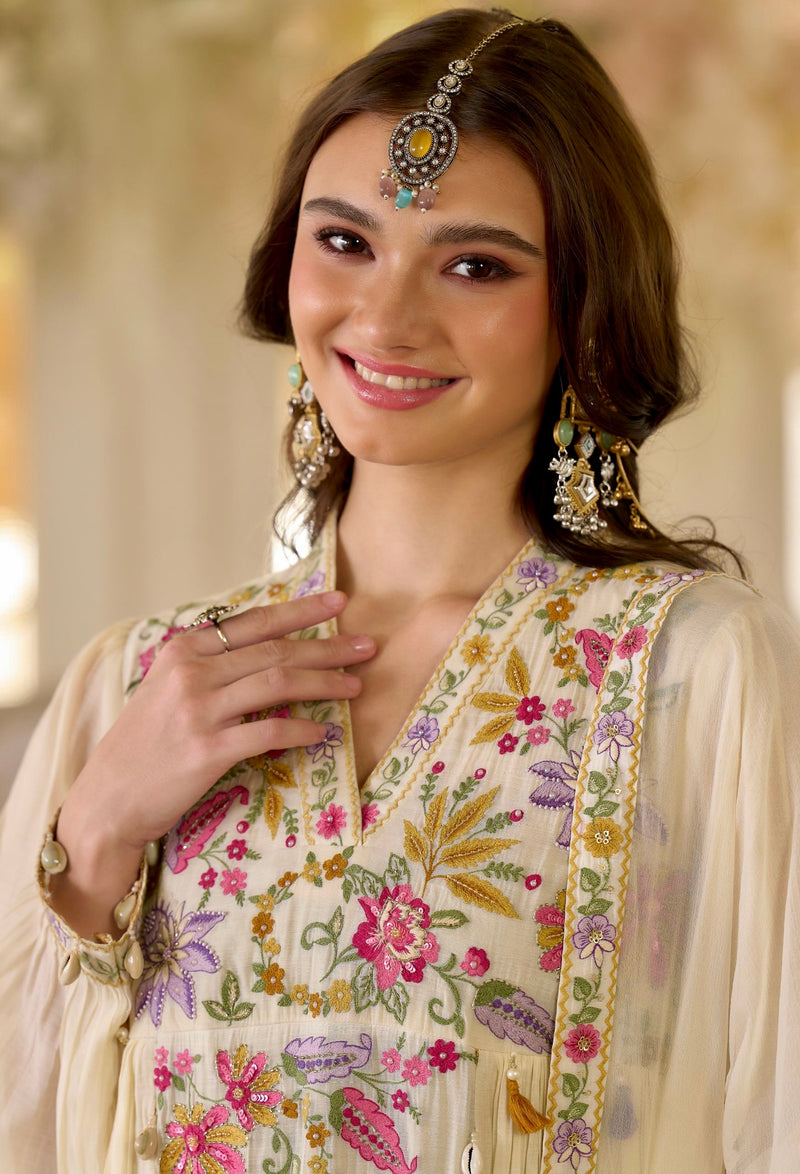 Noor-e-Gul Pearl Threadwork A Line Mul Chanderi Suit
