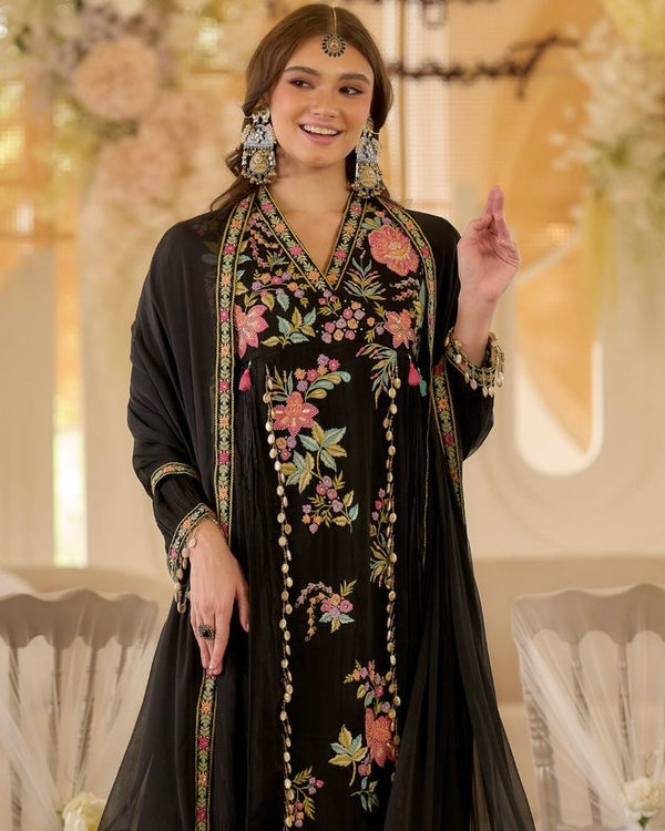 Noor-e-Gul Black Threadwork A Line Mul Chanderi Suit