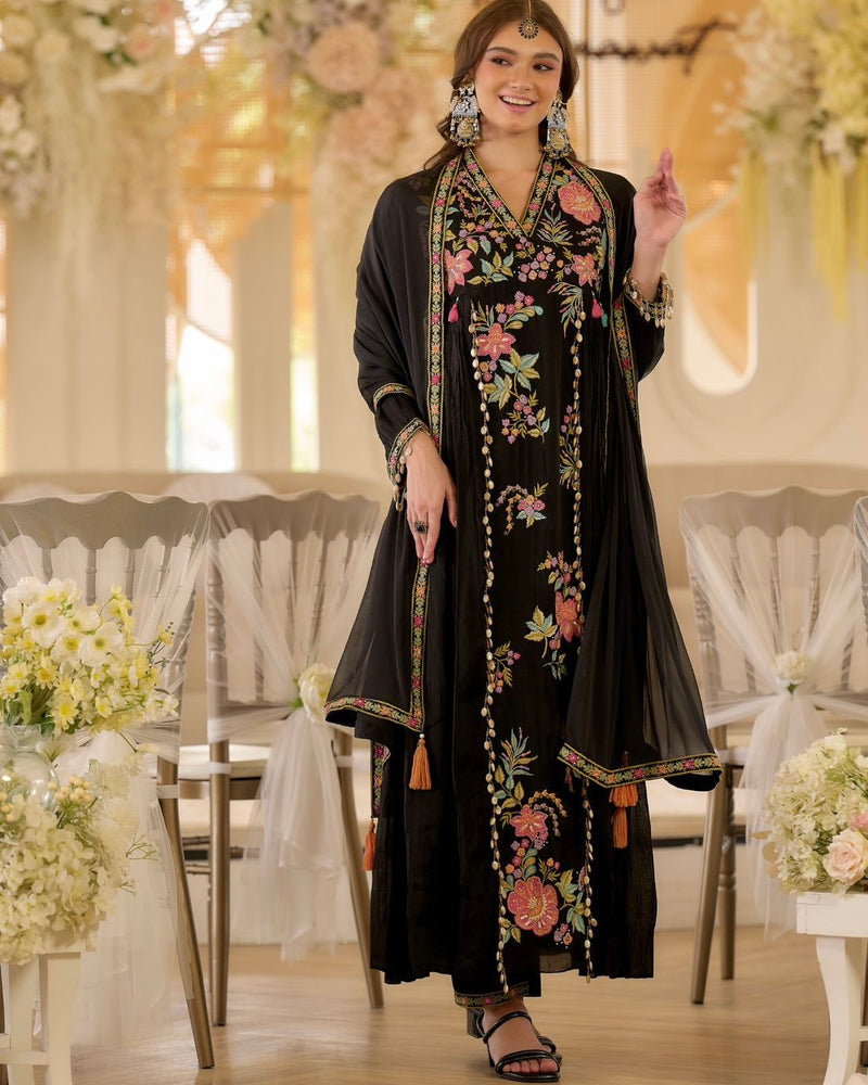 Noor-e-Gul Black Threadwork A Line Mul Chanderi Suit