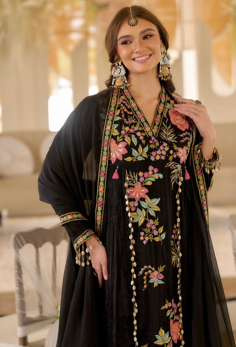 Noor-e-Gul Black Threadwork A Line Mul Chanderi Suit