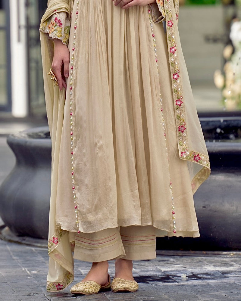 Ivory Sparkle Chinnon A Line Threadwork Festive Suit