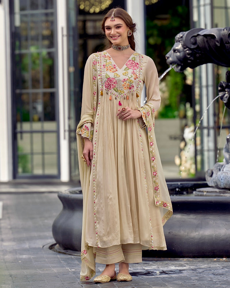 Ivory Sparkle Chinnon A Line Threadwork Festive Suit