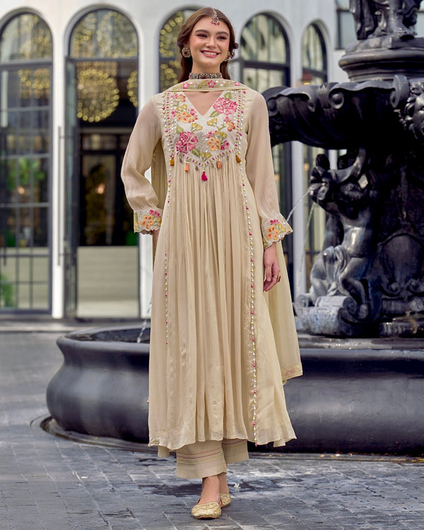 Ivory Sparkle Chinnon A Line Threadwork Festive Suit