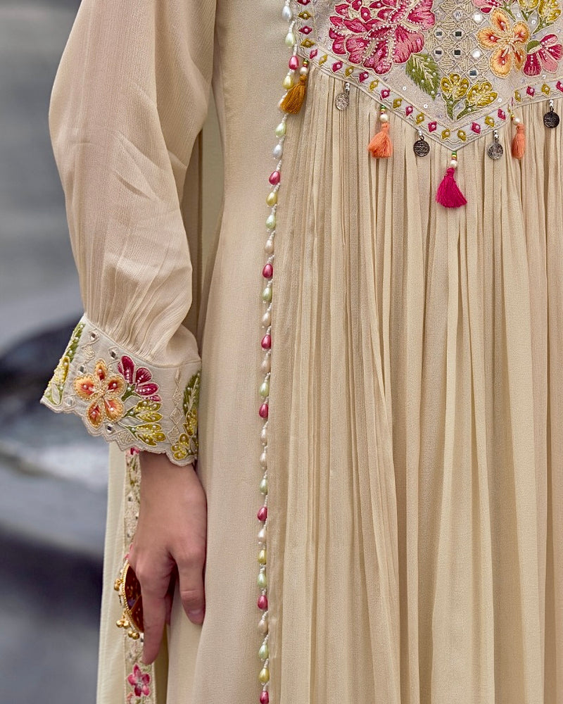 Ivory Sparkle Chinnon A Line Threadwork Festive Suit