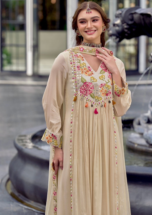 Ivory Sparkle Chinnon A Line Threadwork Festive Suit
