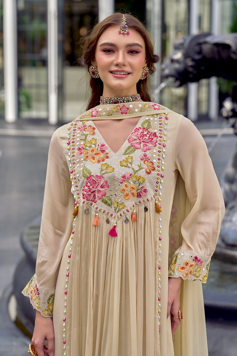 Ivory Sparkle Chinnon A Line Threadwork Festive Suit