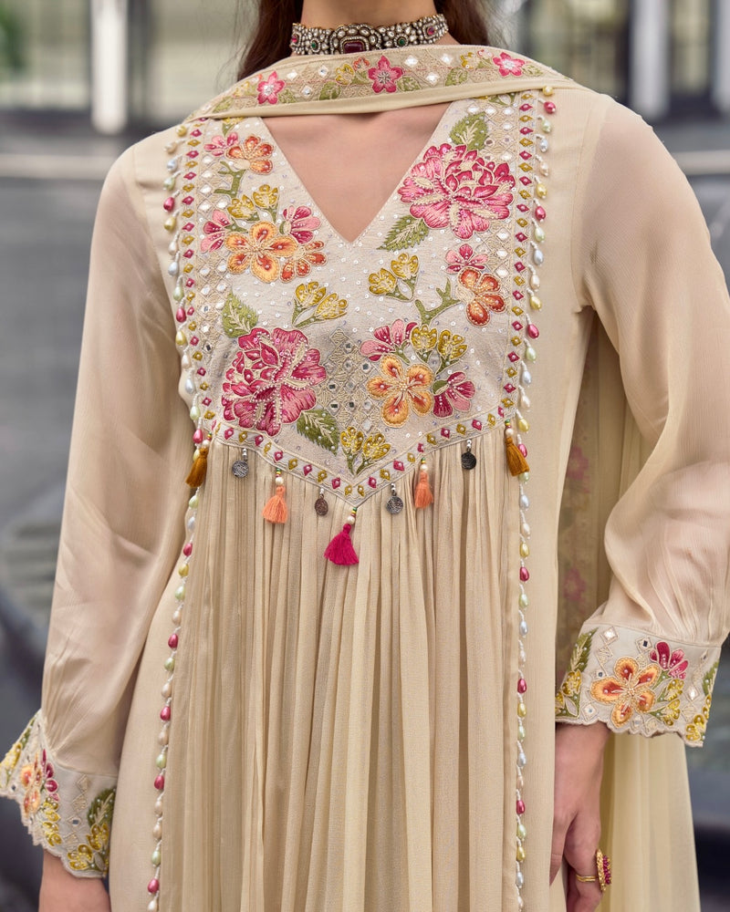 Ivory Sparkle Chinnon A Line Threadwork Festive Suit