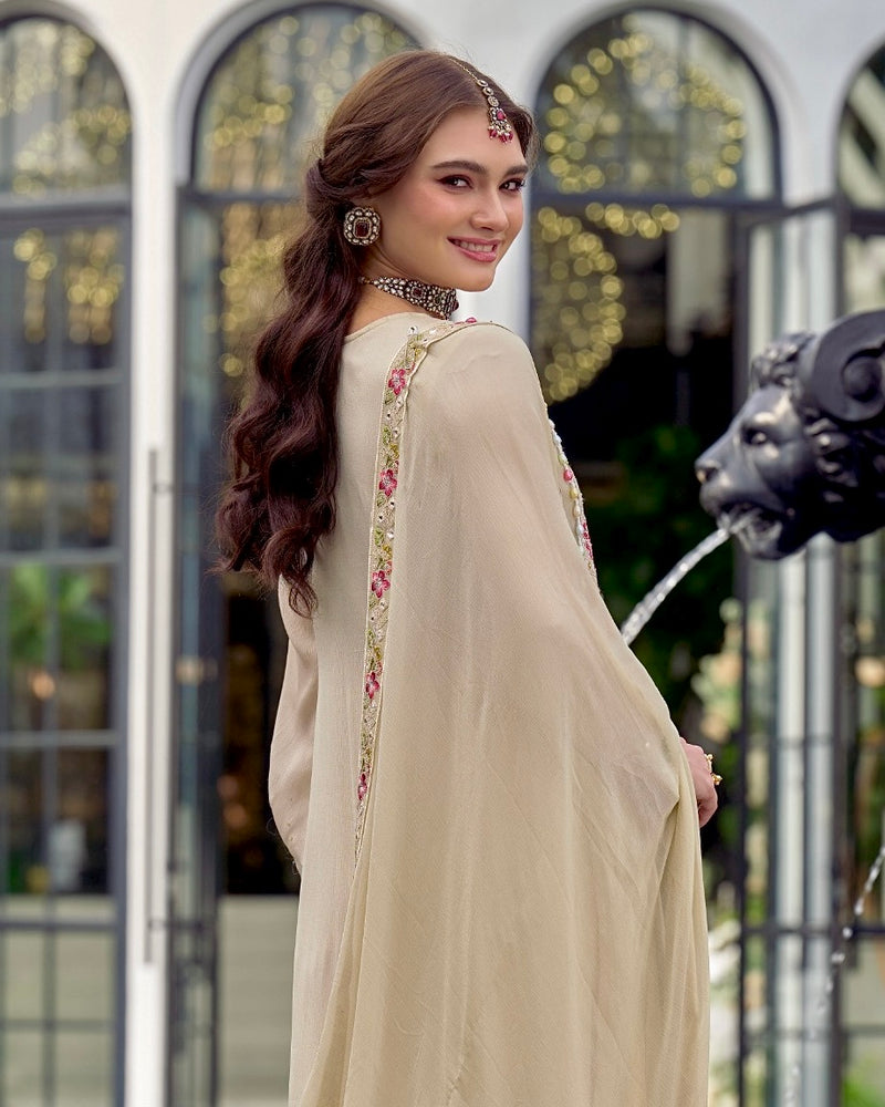 Ivory Sparkle Chinnon A Line Threadwork Festive Suit