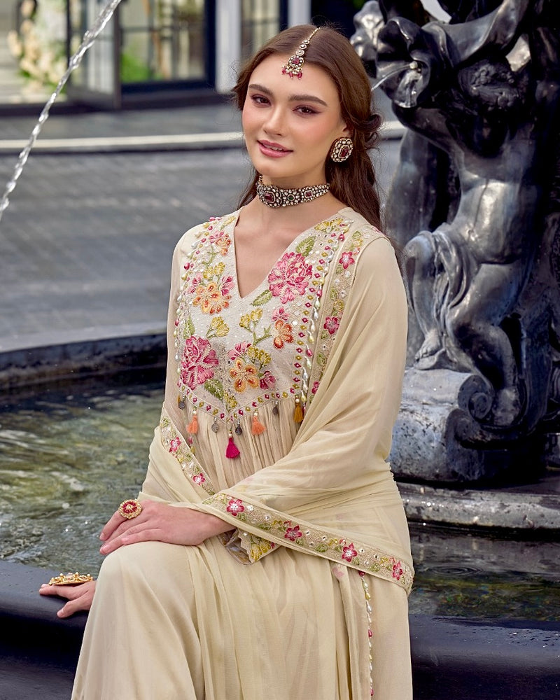 Ivory Sparkle Chinnon A Line Threadwork Festive Suit