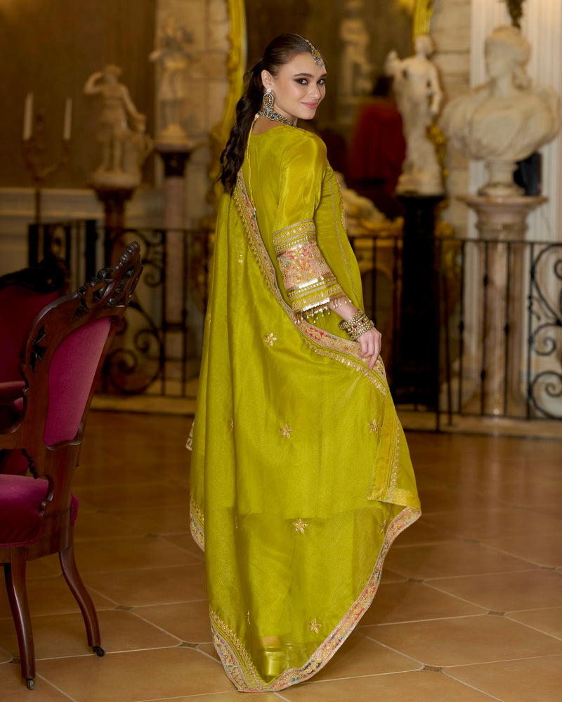 Emerald Glow Shimmer Tissue Gotapatti A Line Festive Suit