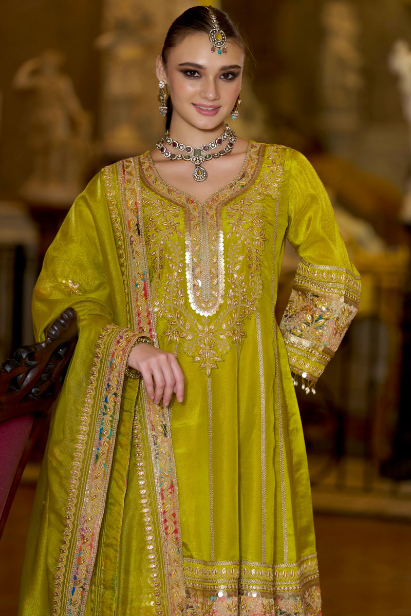 Emerald Glow Shimmer Tissue Gotapatti A Line Festive Suit