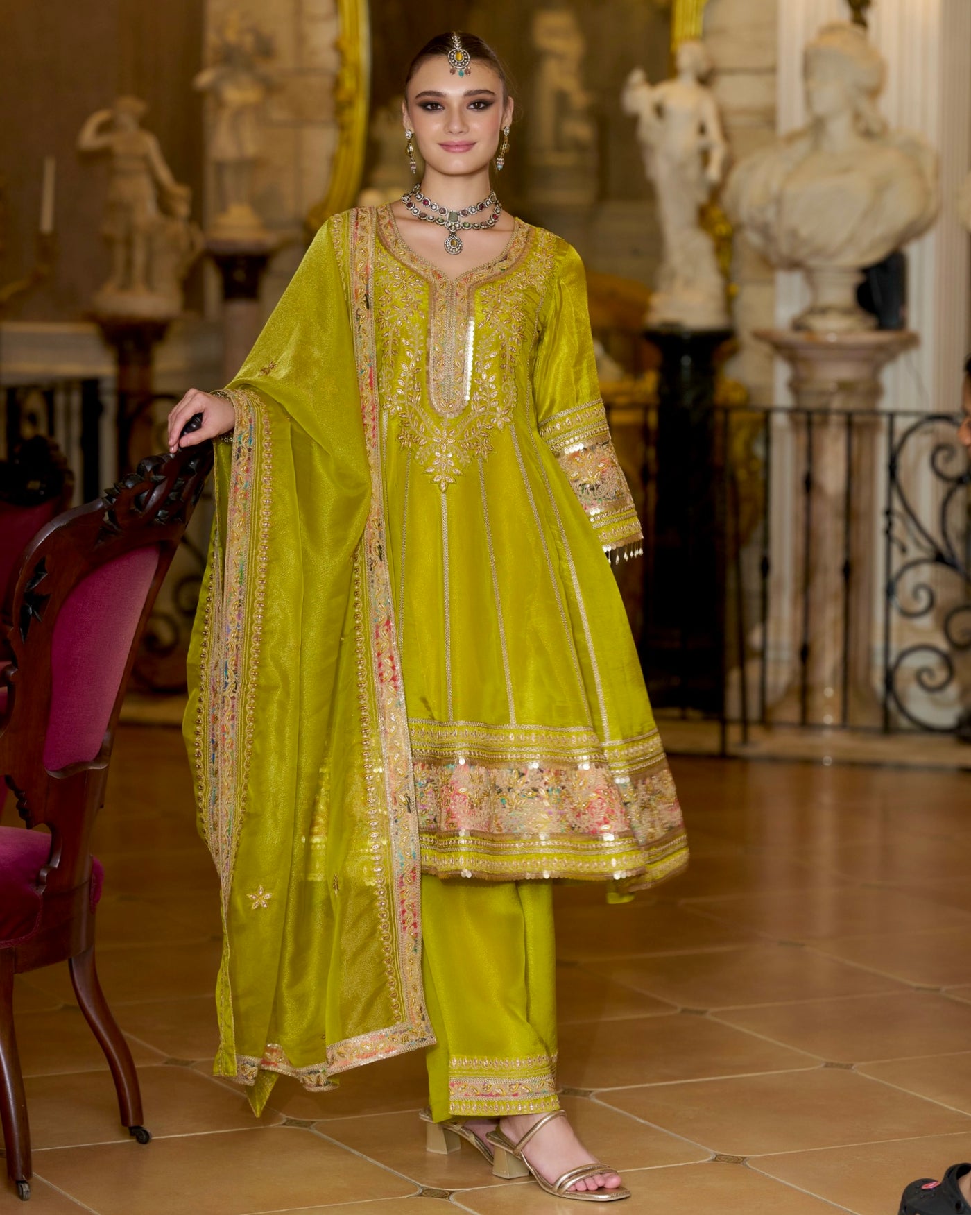 Emerald Glow Shimmer Tissue Gotapatti A Line Festive Suit