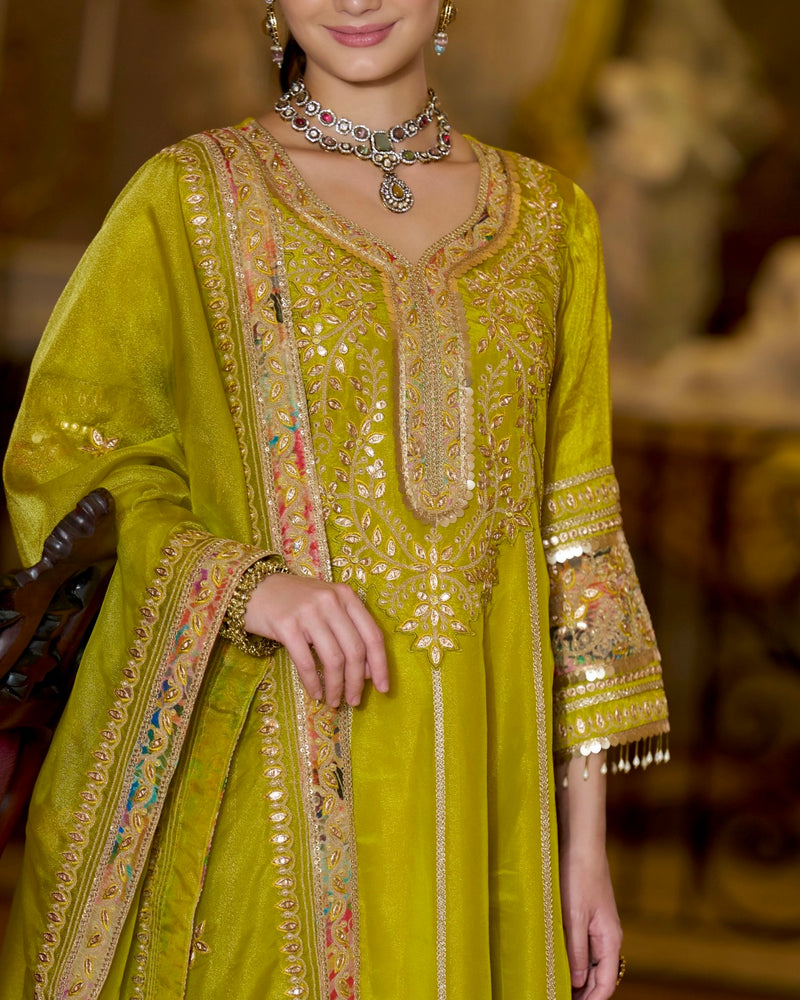 Emerald Glow Shimmer Tissue Gotapatti A Line Festive Suit