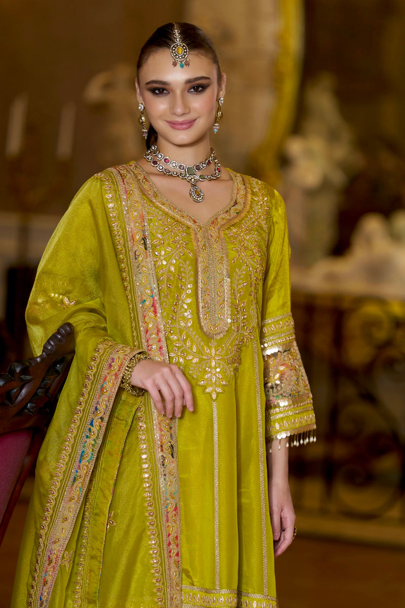 Emerald Glow Shimmer Tissue Gotapatti A Line Festive Suit