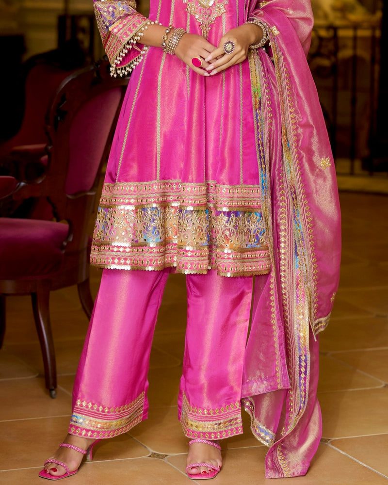 Gulabi Meher Shimmer Tissue Gotapatti A Line Festive Suit