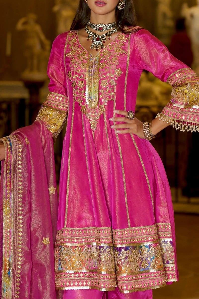 Gulabi Meher Shimmer Tissue Gotapatti A Line Festive Suit