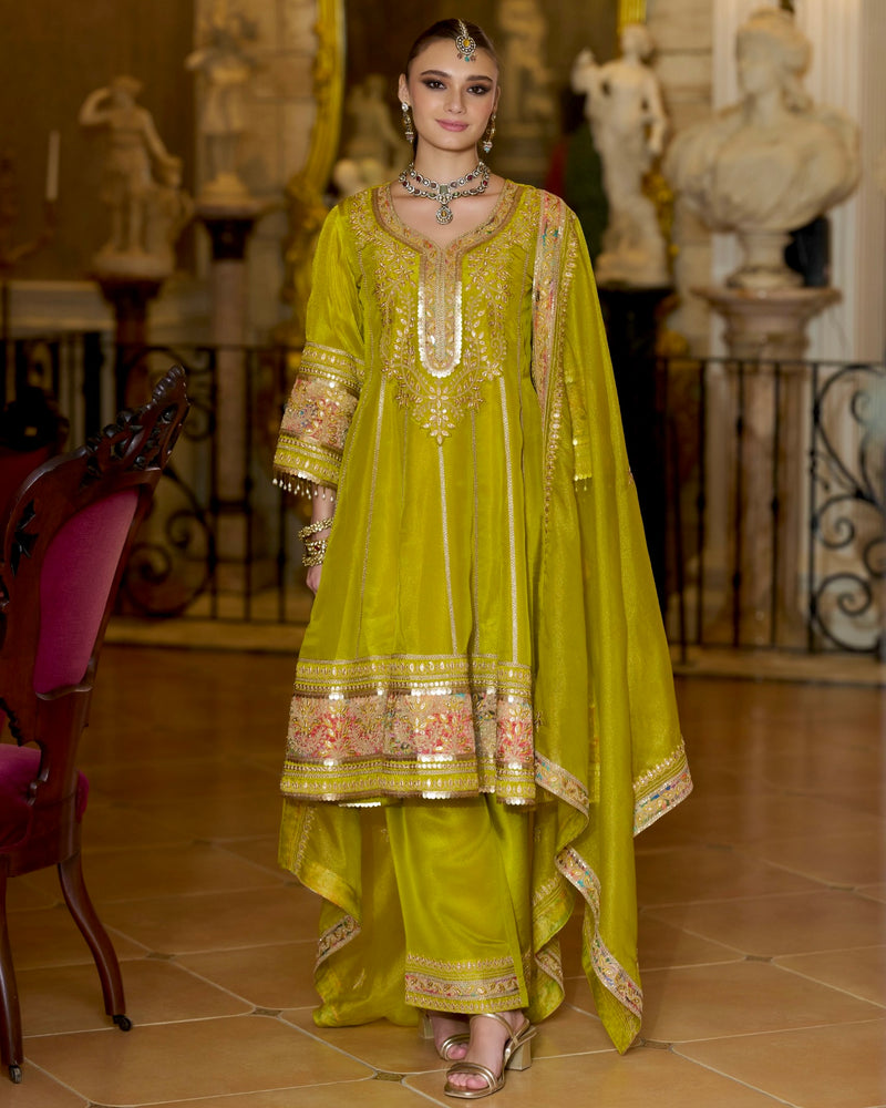 Emerald Glow Shimmer Tissue Gotapatti A Line Festive Suit