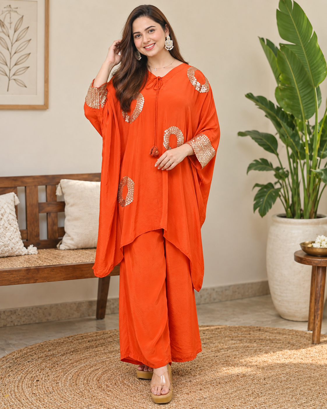 Coral Natural Crepe Sequin Festive Co-ord