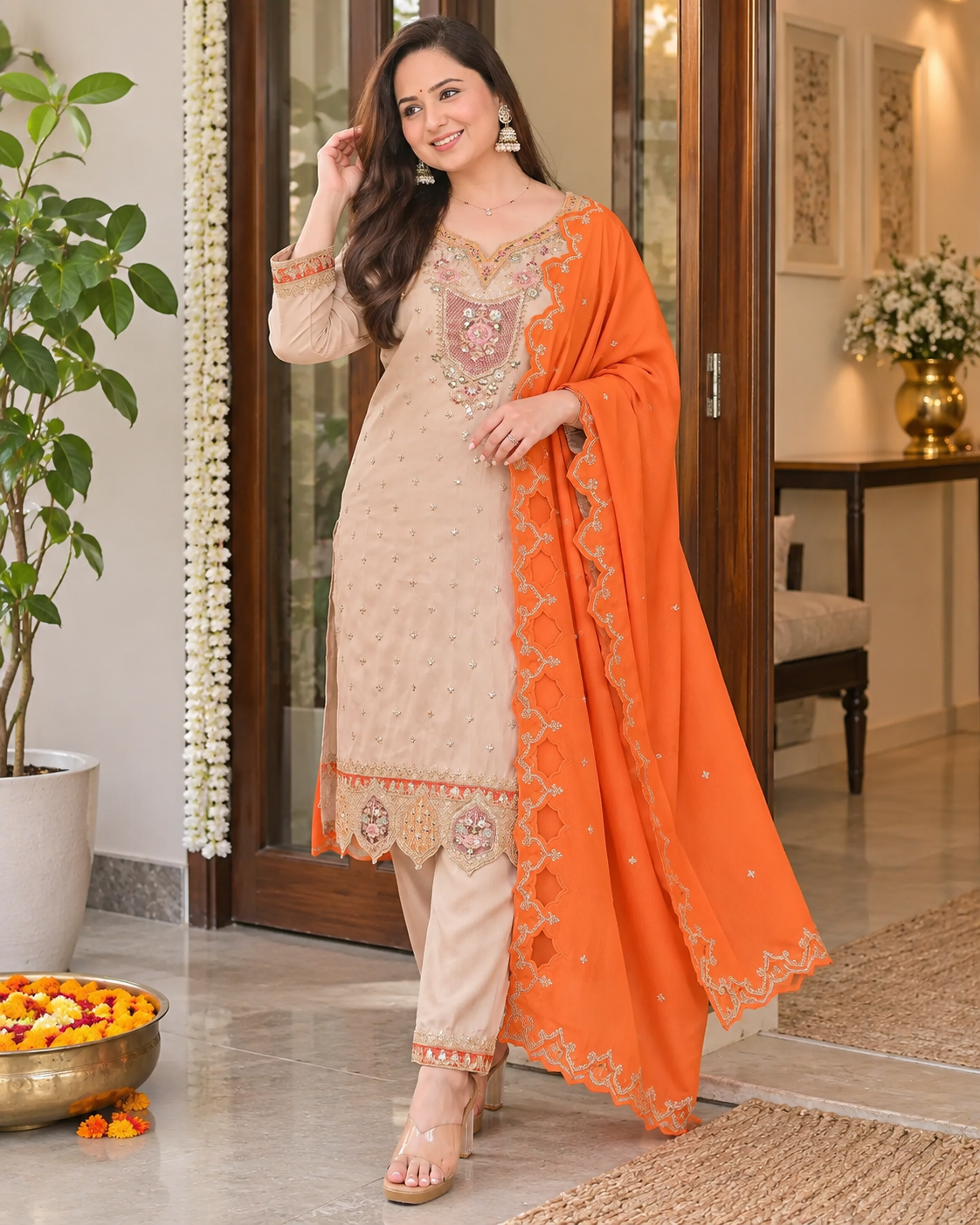 Sunkissed Ivory Chanderi Silk Handwork Festive Suit