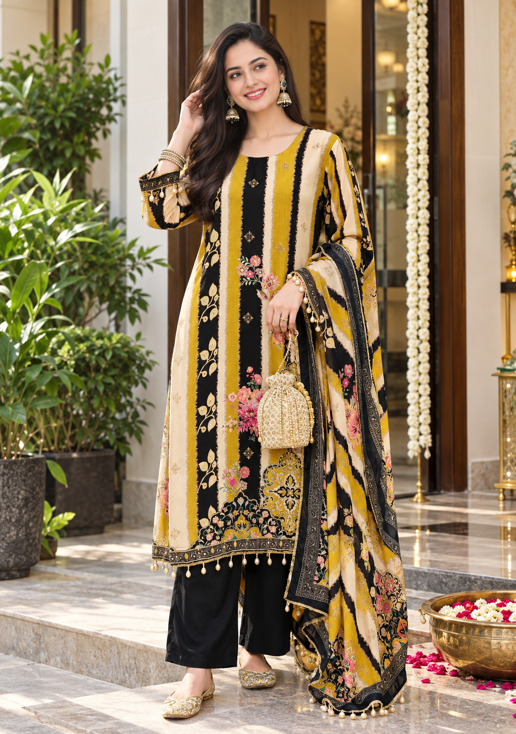 Mustard Black Noor Handwork Crepe Festive Suit