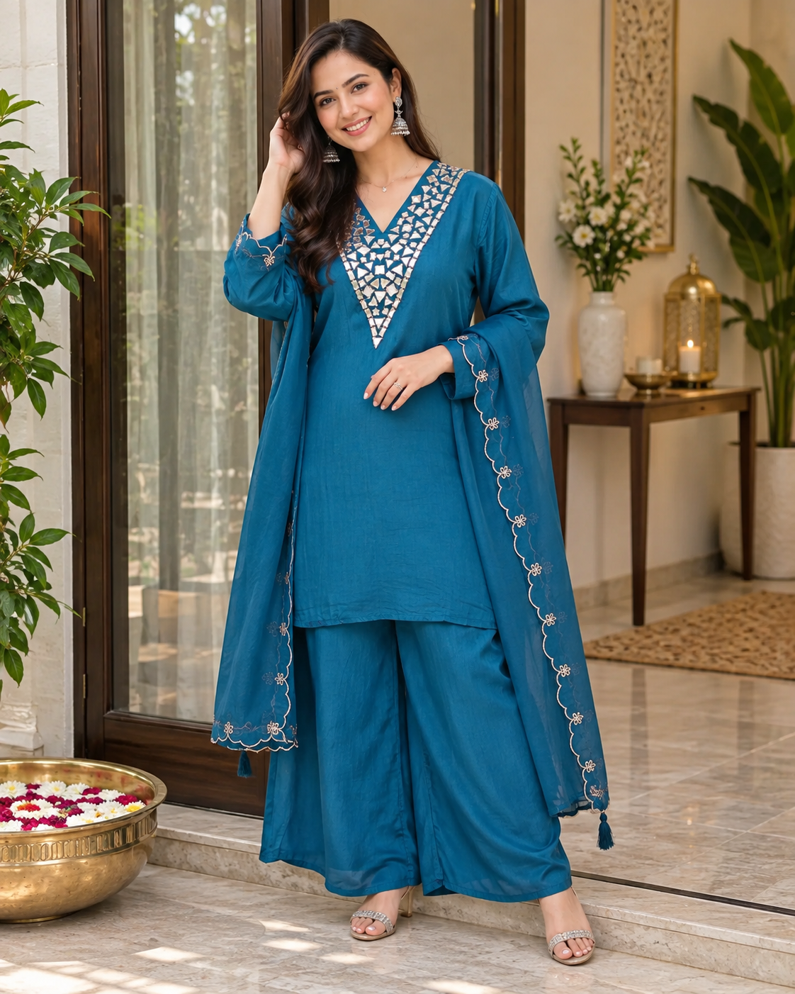 Teal Blue Mirror Glow Crepe Festive Sharara Set