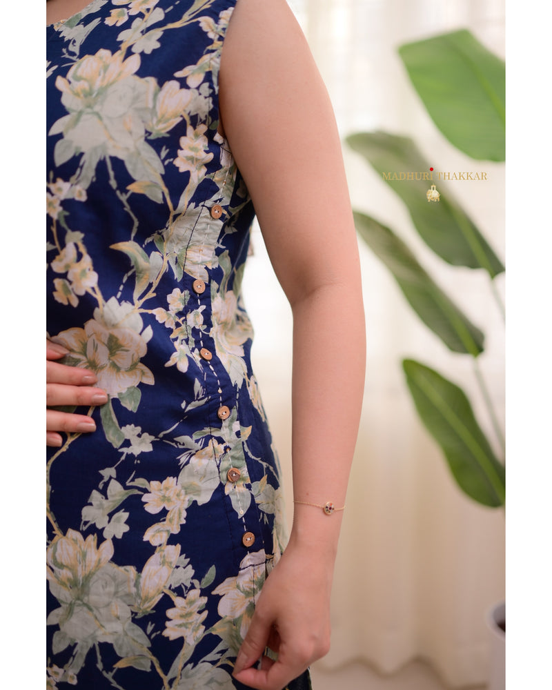 Navy Blue Floral Kantha Cotton Kurta Set