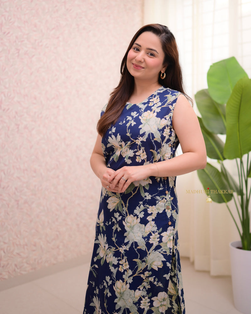 Navy Blue Floral Kantha Cotton Kurta Set