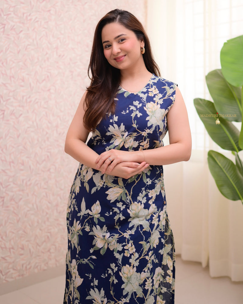 Navy Blue Floral Kantha Cotton Kurta Set