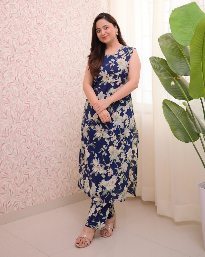 Navy Blue Floral Kantha Cotton Kurta Set