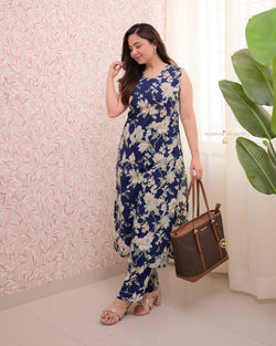 Navy Blue Floral Kantha Cotton Kurta Set