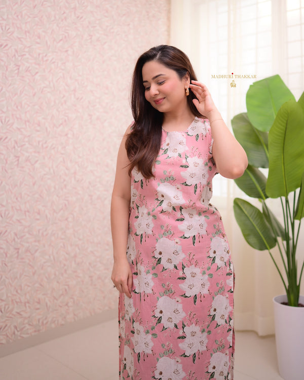 Baby Pink Floral Kantha Cotton Kurta Set