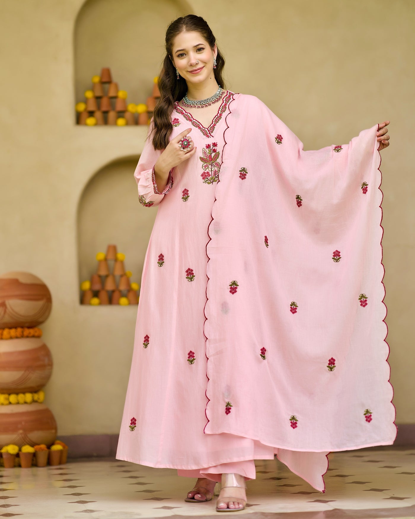 Cherry Blossom Threadwork A Line Cotton Suit