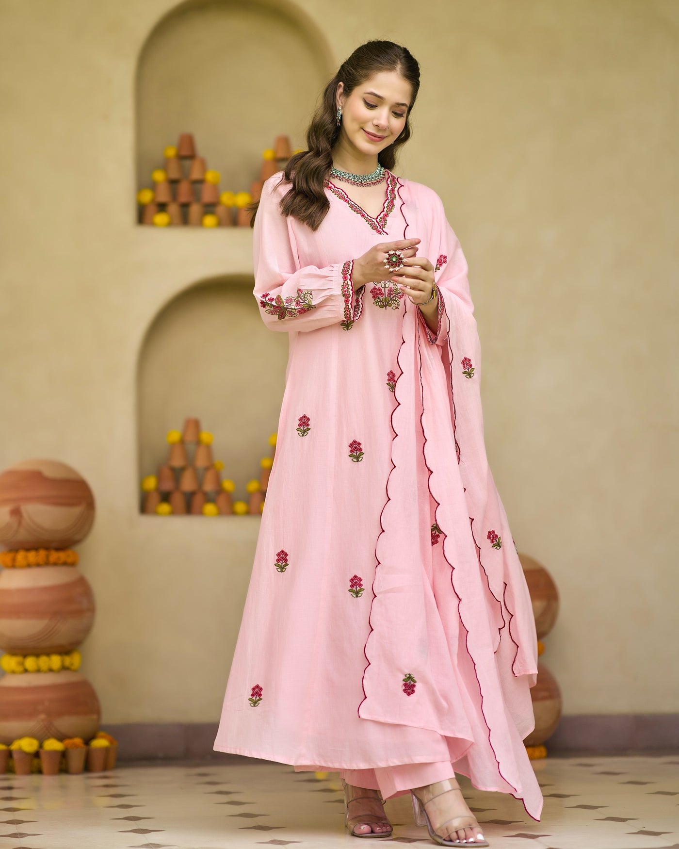 Cherry Blossom Threadwork A Line Cotton Suit