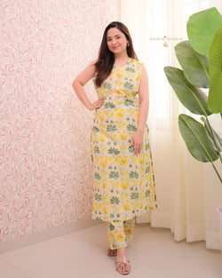 Yellow Green Floral Kantha Cotton Kurta Set