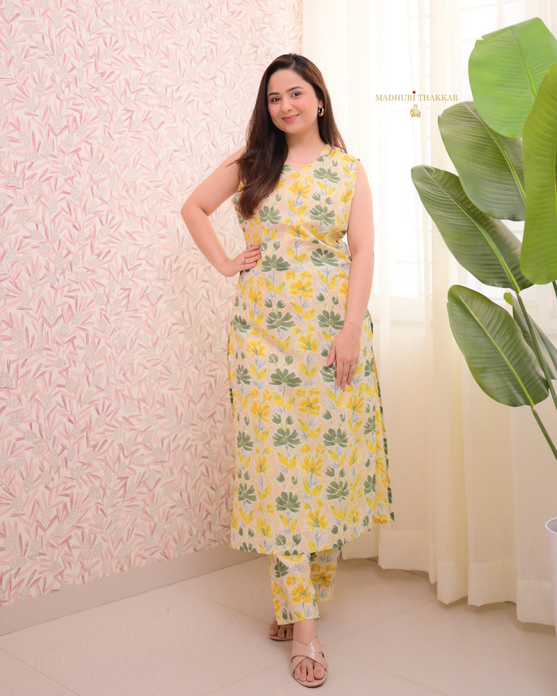 Yellow Green Floral Kantha Cotton Kurta Set