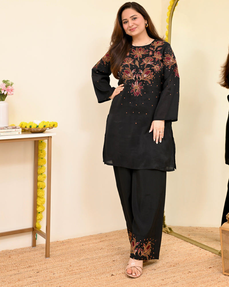 Black Threadwork Mul Chanderi Festive Co-ord