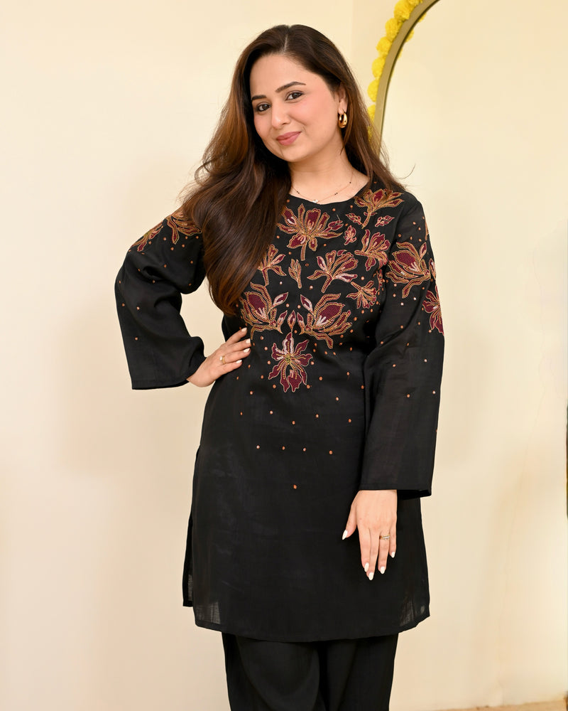 Black Threadwork Mul Chanderi Festive Co-ord