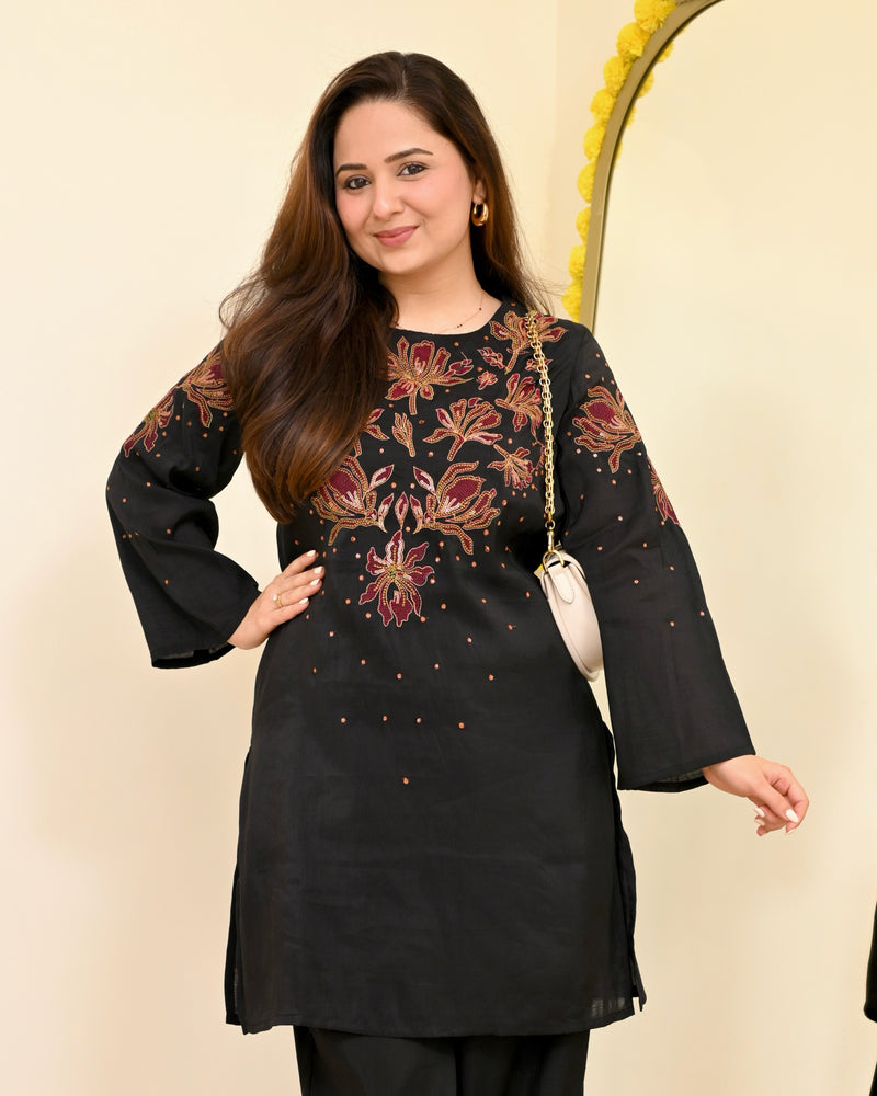 Black Threadwork Mul Chanderi Festive Co-ord