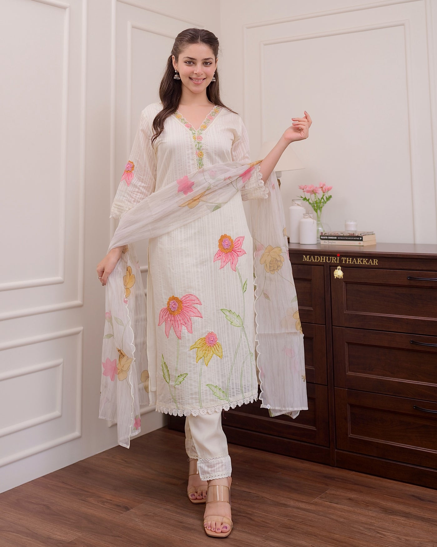 Ivory Applique Floral Work Cotton Suit
