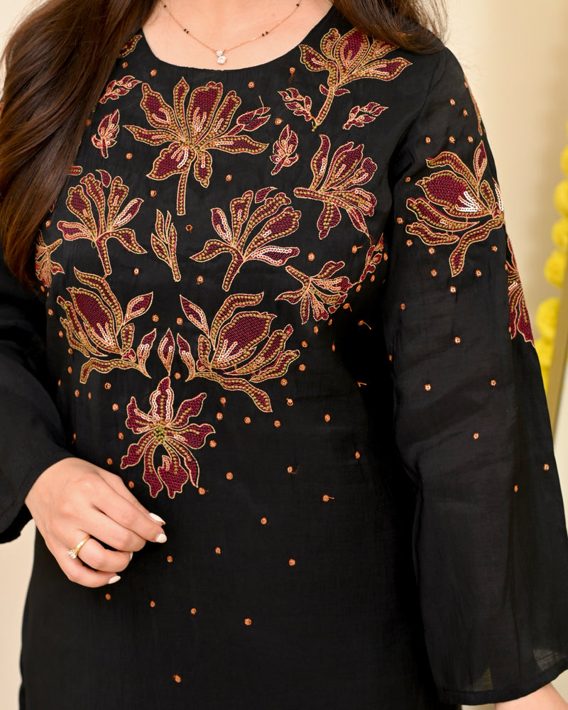 Black Threadwork Mul Chanderi Festive Co-ord