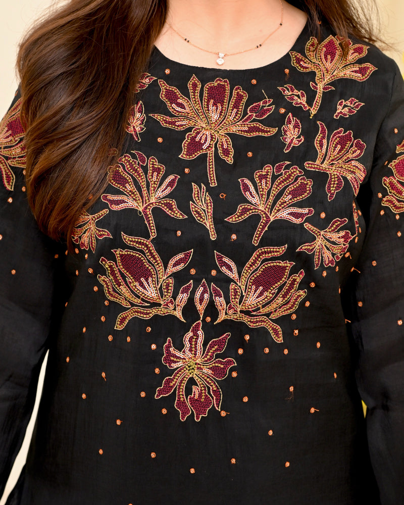 Black Threadwork Mul Chanderi Festive Co-ord