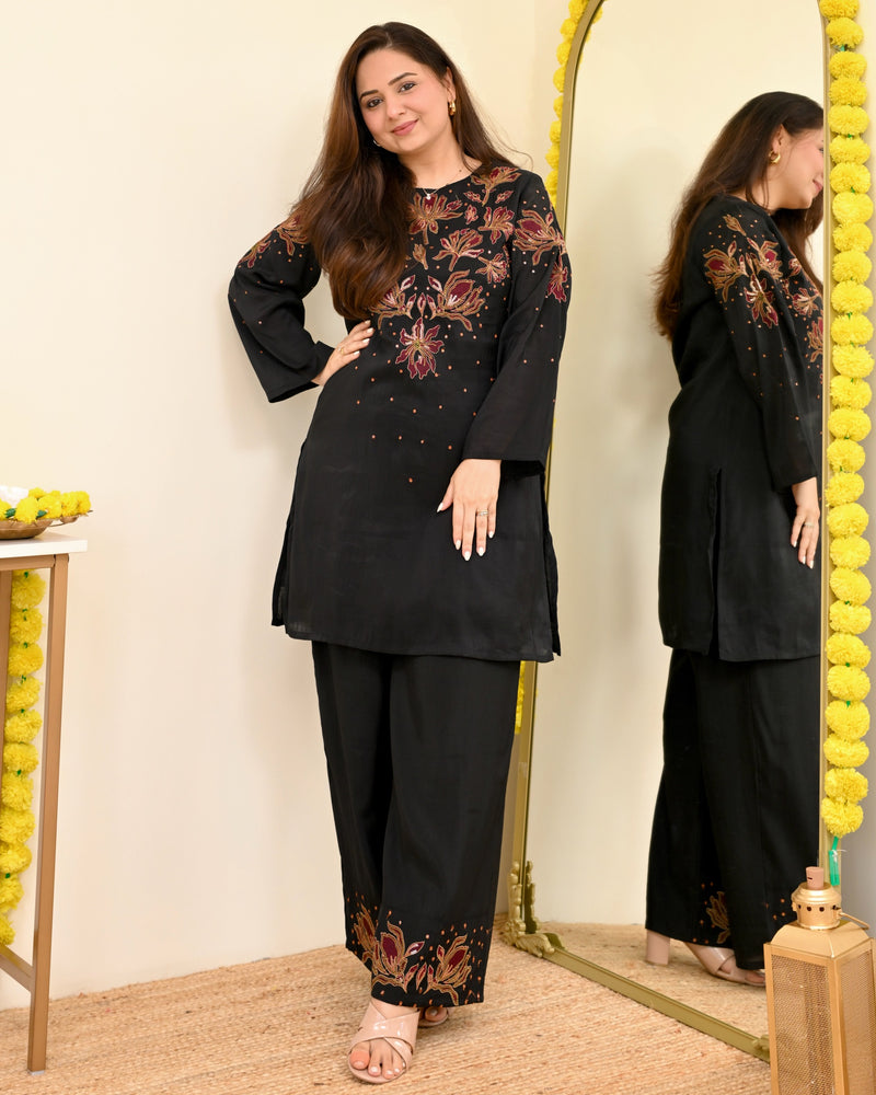 Black Threadwork Mul Chanderi Festive Co-ord