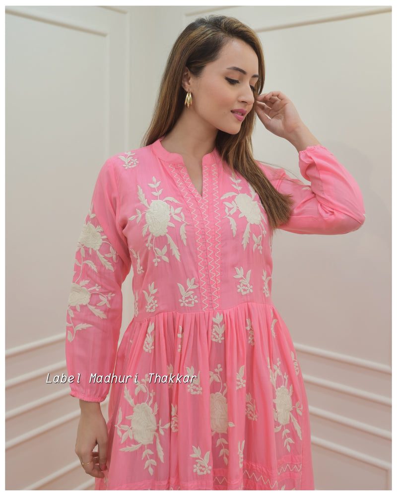 Pink Threadwork A Line Dress