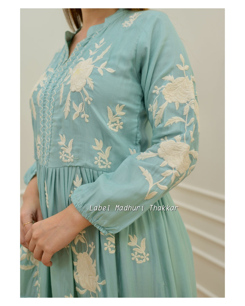 Icy Blue Threadwork A Line Dress