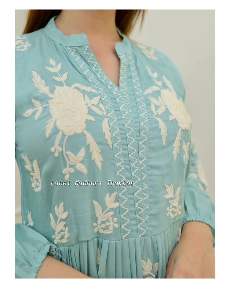 Icy Blue Threadwork A Line Dress