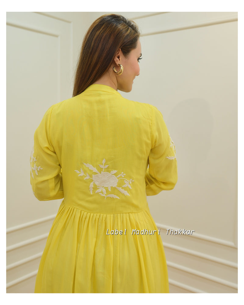 Yellow Threadwork A Line Dress