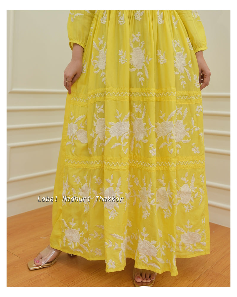 Yellow Threadwork A Line Dress