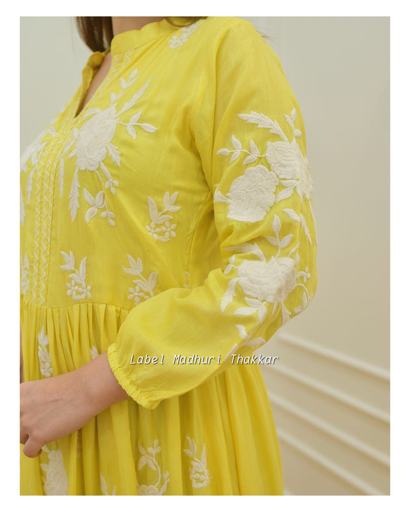 Yellow Threadwork A Line Dress