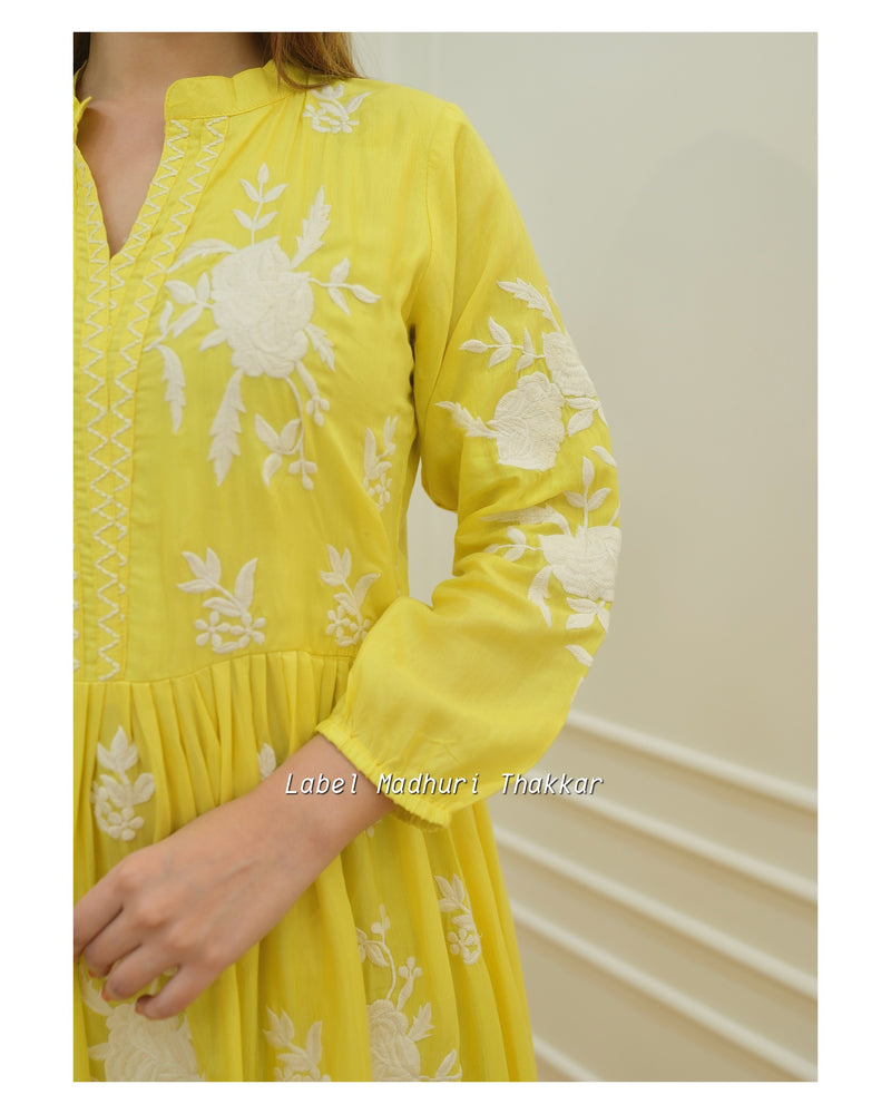 Yellow Threadwork A Line Dress